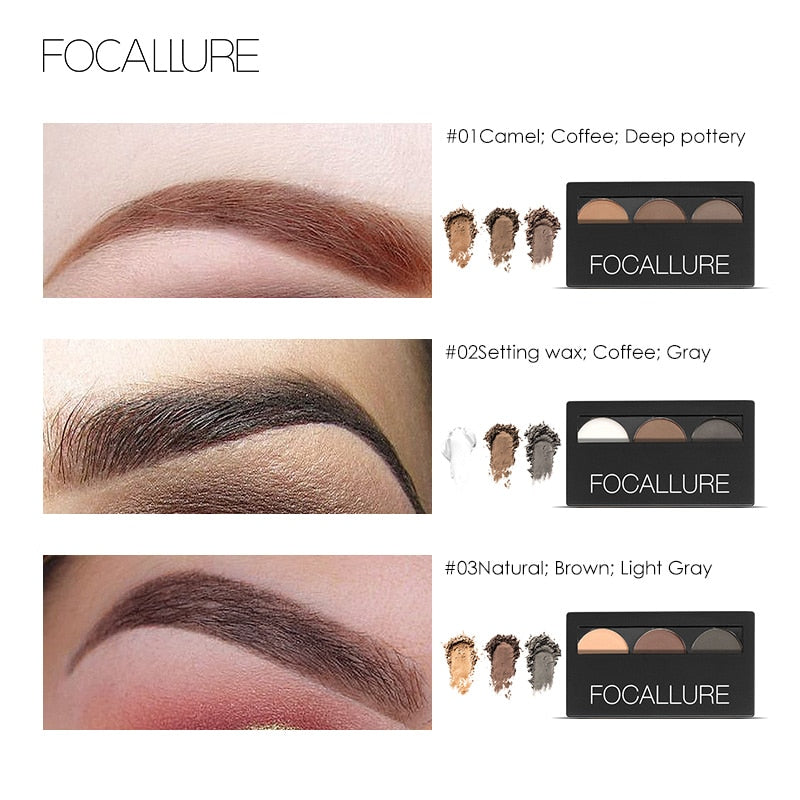 FOCALLURE 3 Color Eyebrow Powder Waterproof Long-lasting Eye Shadow Powder Palette Makeup Eyebrow Enhancer Cosmetic for Women