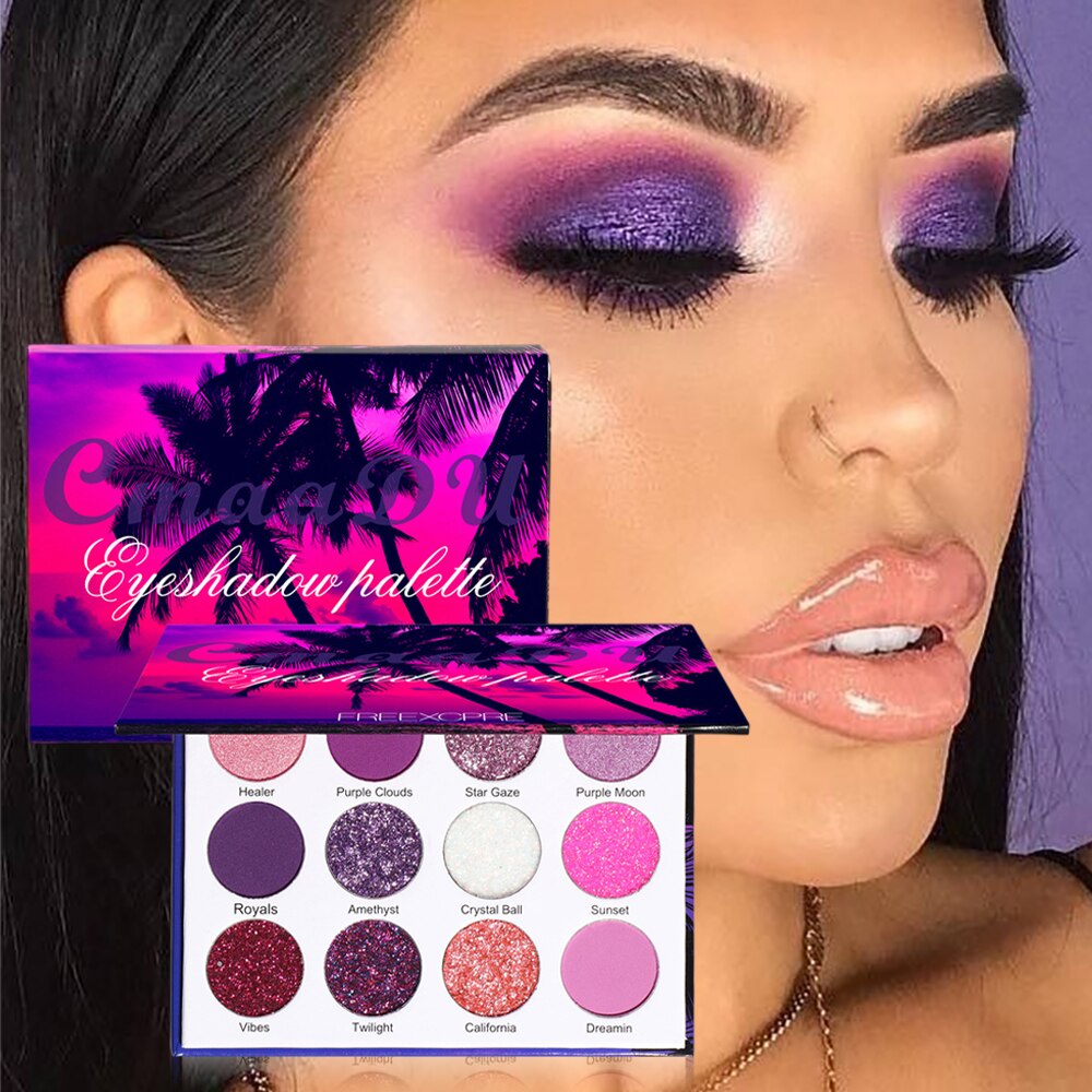 12 Colors Purple Neon Pigments Matte Eyeshadow Palette Christmas Matte Glitter Shiny Eyeshadow Makeup Pelette Purple Eye Shadow