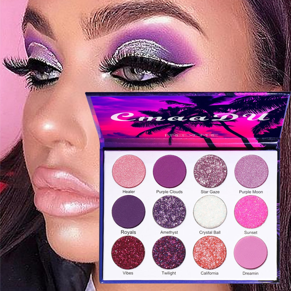 12 Colors Purple Neon Pigments Matte Eyeshadow Palette Christmas Matte Glitter Shiny Eyeshadow Makeup Pelette Purple Eye Shadow